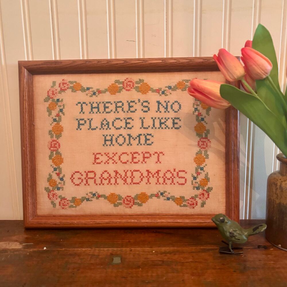 Vintage Framed Cross Stitch Sampler Grandma Gift 10 x 13"